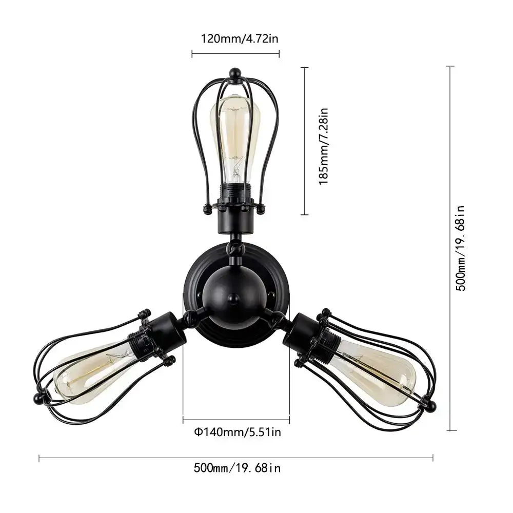 Black wrought iron decorbites adjustable industrial three-light wall sconce with exposed filament bulbs for bedroom and hallway