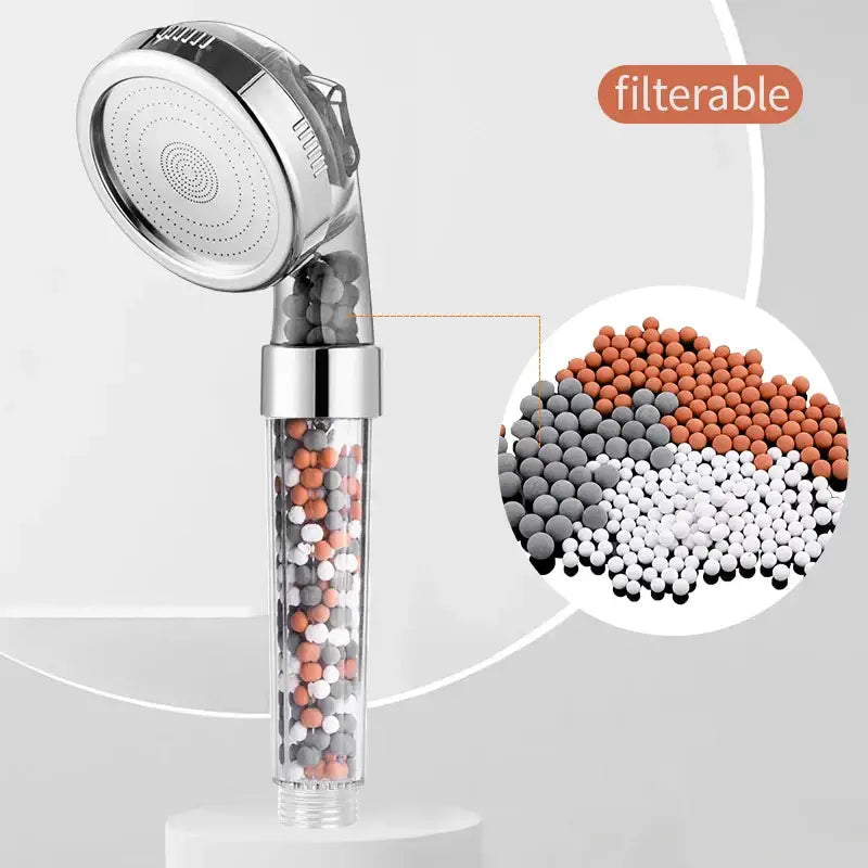 Clear cylindrical shower head with chrome nozzle and transparent body filled with multicolored filter beads for decorbites adjustable jetting shower