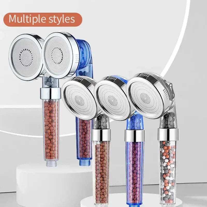 Clear cylindrical decorbites adjustable jetting shower head with silver metal heads and colorful filtered beads for high pressure use