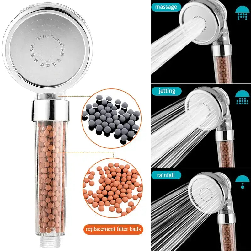 Silver-finished decorbites adjustable jetting shower head with transparent filter housing and ceramic beads for high pressure use