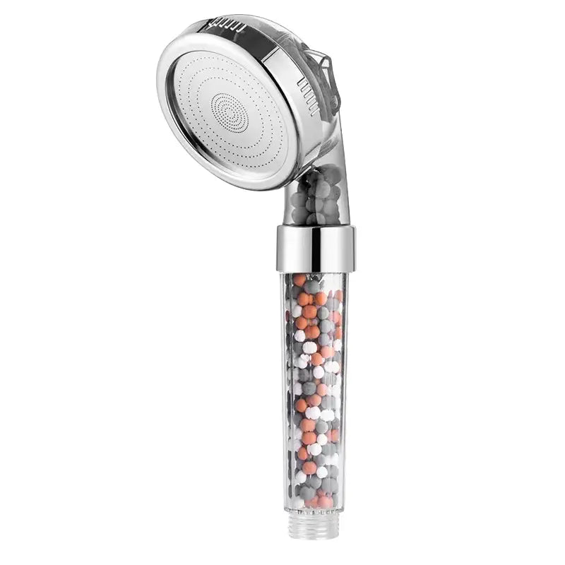 Chrome-finished decorbites adjustable jetting shower head with transparent filter housing and multicolored filtration beads