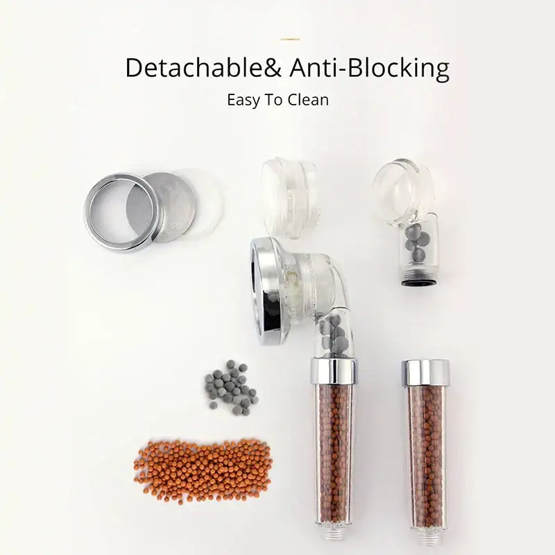 Silver-finished decorbites adjustable jetting shower head with transparent filters containing brown and gray filtration beads