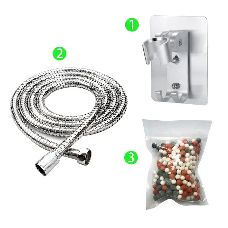 Silver flexible metal shower hose with threaded connectors for decorbites adjustable jetting shower head high pressure filtered beads