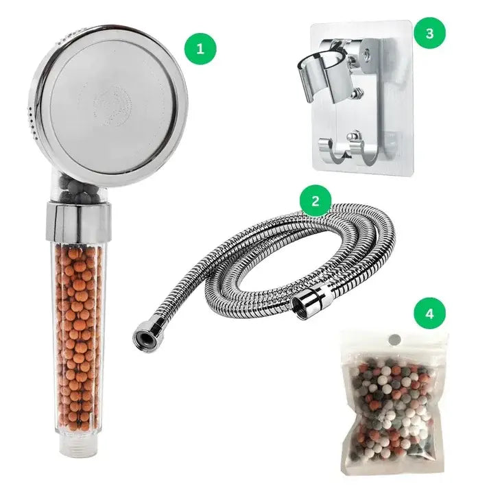 Chrome finished decorbites adjustable jetting shower head with transparent body and orange filtration beads for high pressure filtering