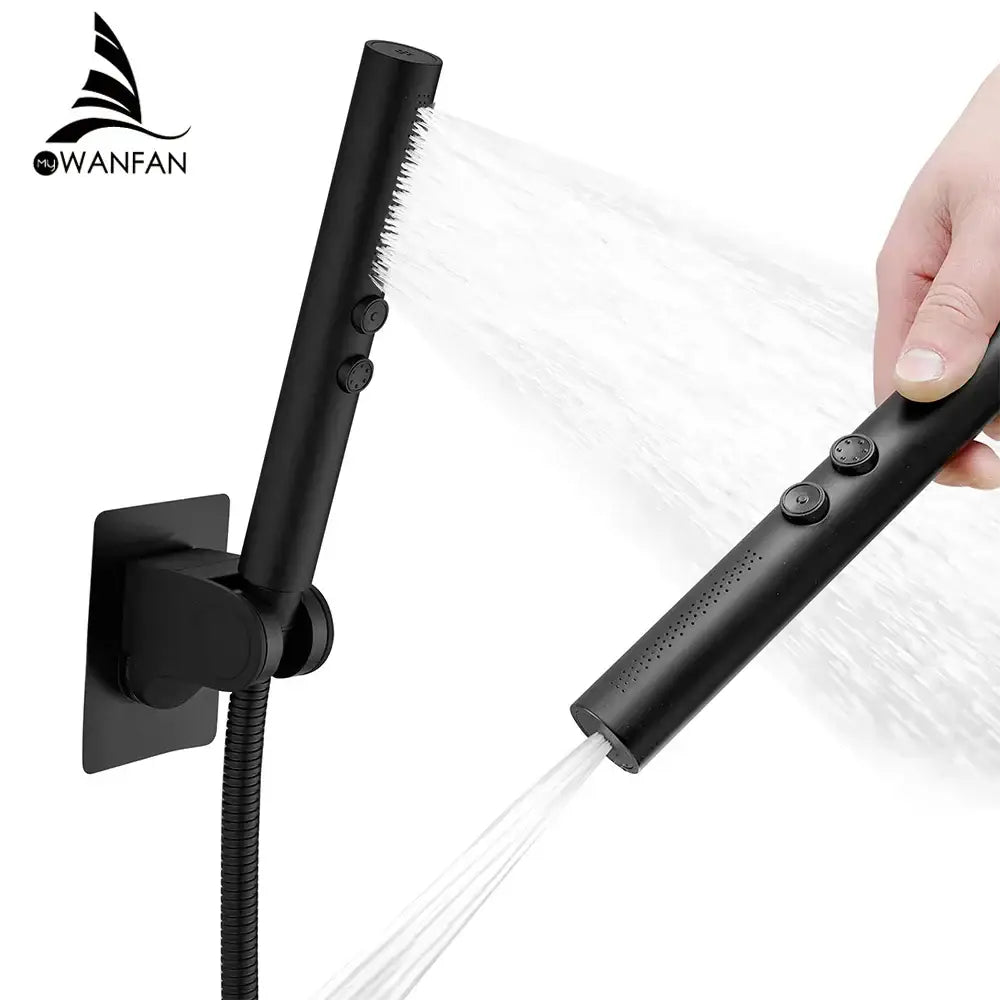 Adjustable matte black stainless steel shower head with three control buttons and flexible hose mounted on wall bracket decorbites black stainless