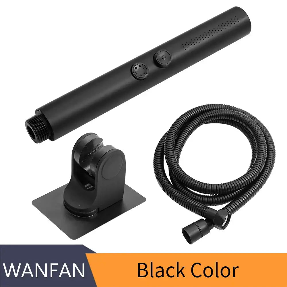 Adjustable matte black stainless steel shower head with two control buttons and flexible corrugated hose by decorbites black stainless