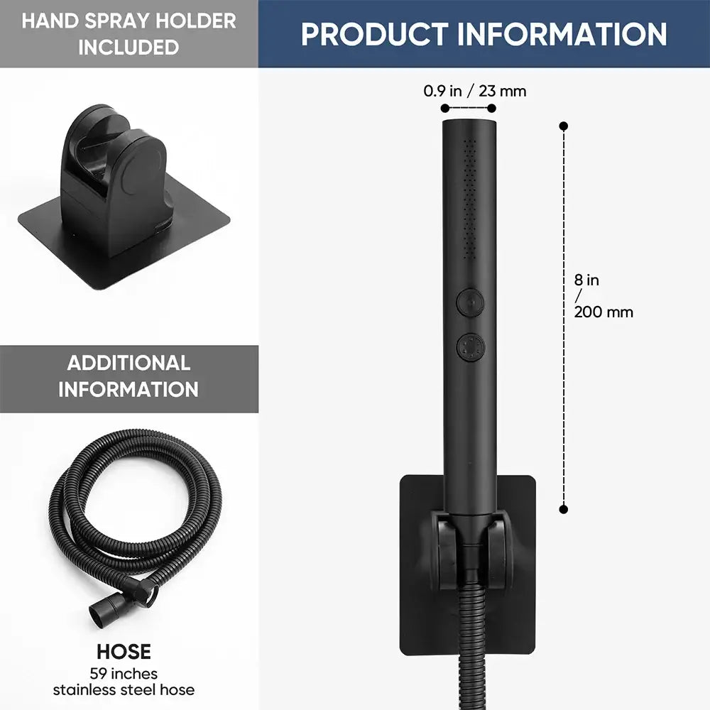 Adjustable matte black stainless steel shower head with two control buttons and 59-inch stainless steel hose by decorbites black stainless