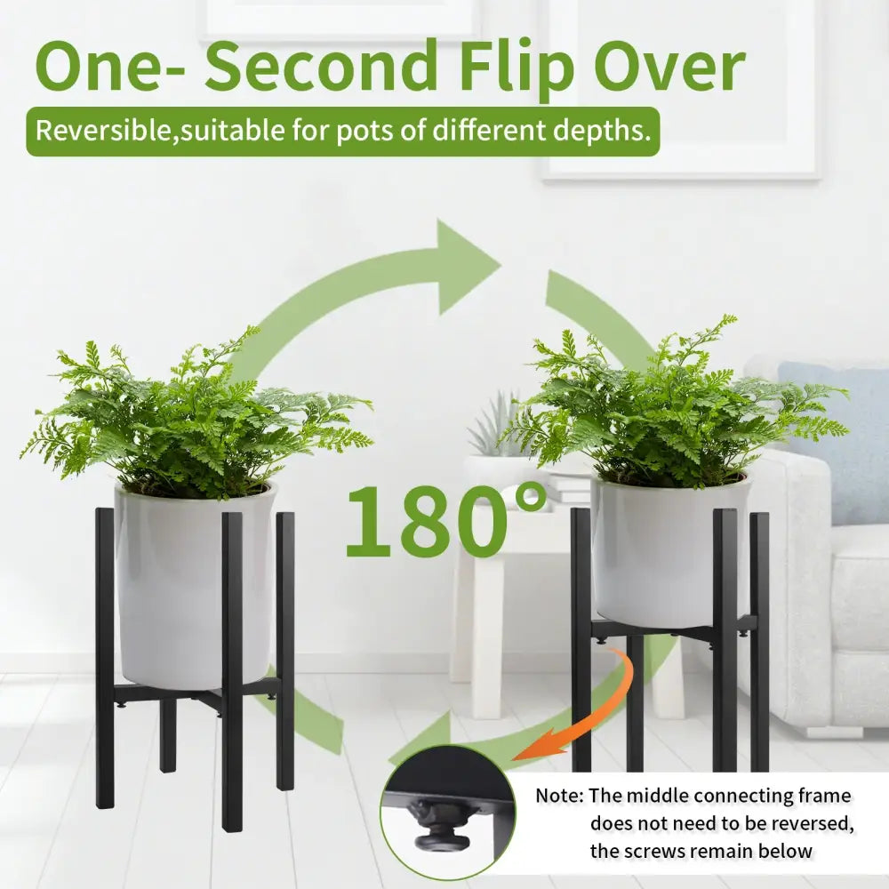 Black metal adjustable plant stand by DecorBites for pots ranging 12 to 16 inches with 180-degree flip design