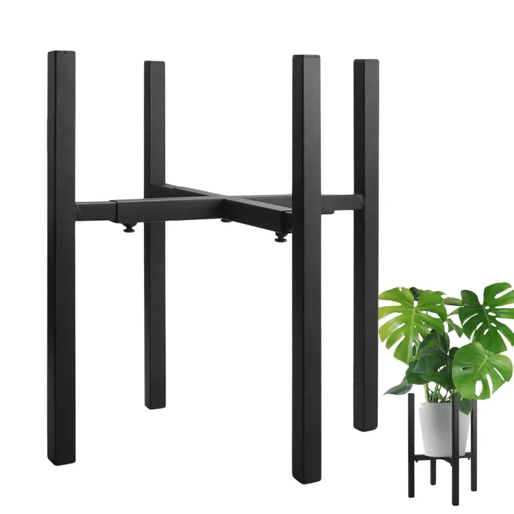 Black metal adjustable plant stand by DecorBites with four legs and crossbar for sturdy support for pots ranging 12-16 inch