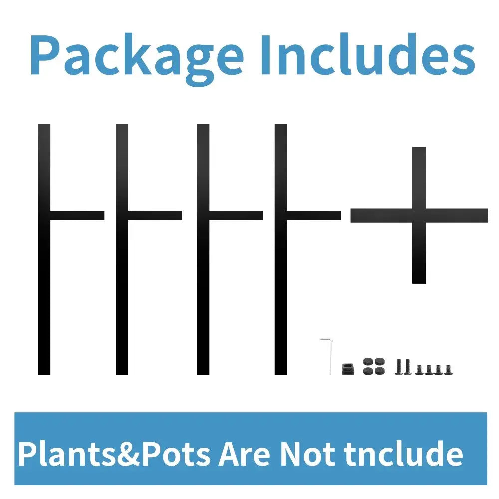 Black metal adjustable plant stand with cross-shaped tops and mounting hardware for pots ranging 12-16 inches