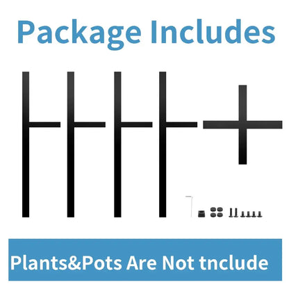 Black metal adjustable plant stand with cross-shaped tops and mounting hardware for pots ranging 12-16 inches
