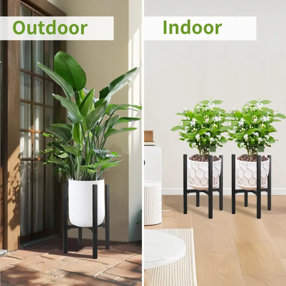 White ceramic planter on a black adjustable metal plant stand for pots ranging 12 to 16 inches by DecorBites