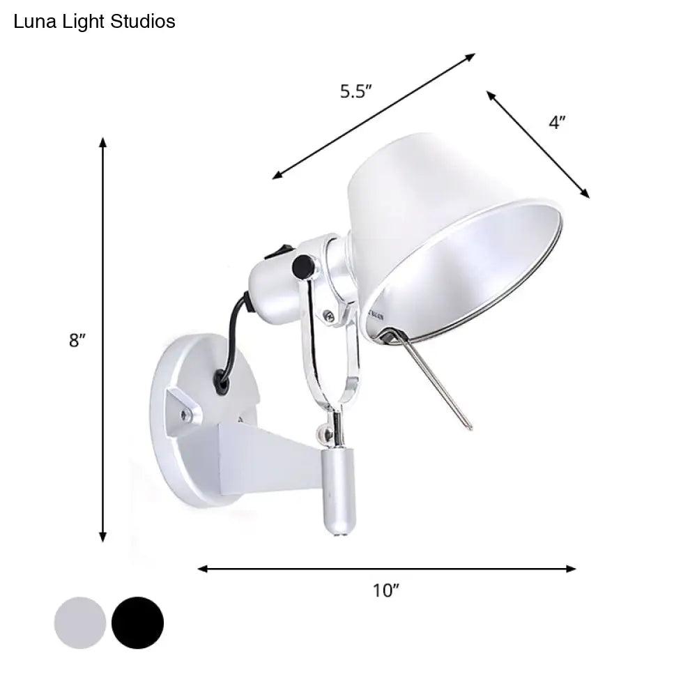 مصباح حائط مخروطي معدني قابل للتعديل: مصباح سرير صناعي فردي باللون الأسود/الفضي
