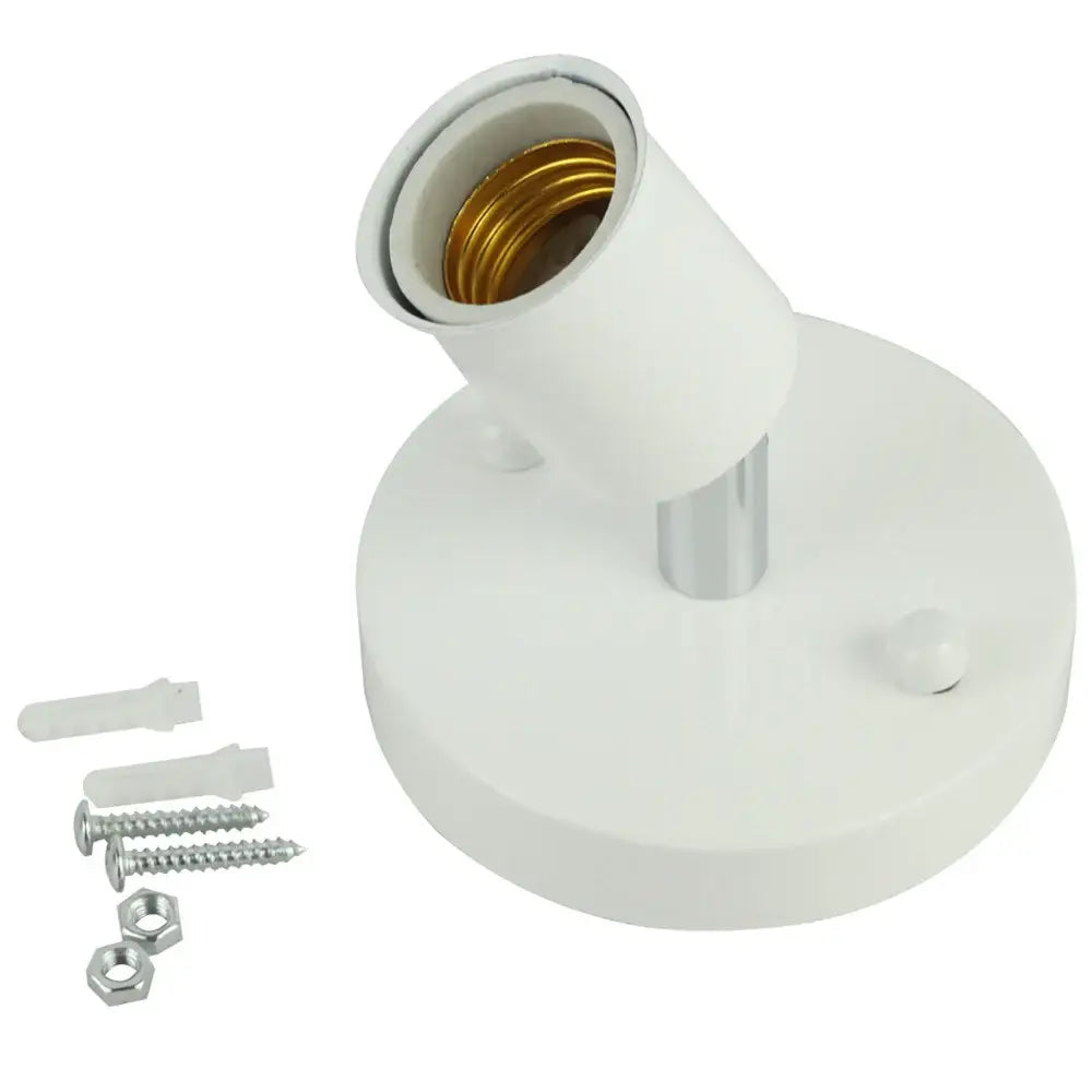 White plastic wall lamp adapter with gold e27 ceramic screw interior and silver metal mounting stem for bedroom spotlight