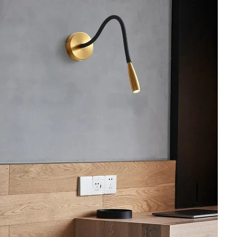 Gold-finished decorbites adjustable nordic wall lamp with black flexible gooseneck and brass tip for bedroom reading light