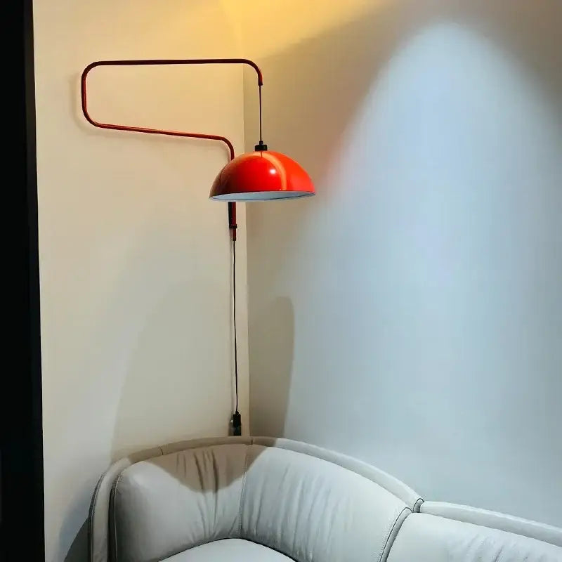 Vibrant red adjustable nordic pendant wall lamp with dome light and sleek curved metal arm for kitchen island lighting