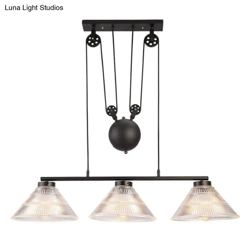 DecorBites™ Adjustable Pulley Industrial Cone Pendant with Prismatic Glass - Black, 2/3-Light Island Lamp