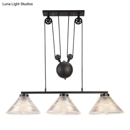 DecorBites™ Adjustable Pulley Industrial Cone Pendant with Prismatic Glass - Black, 2/3-Light Island Lamp
