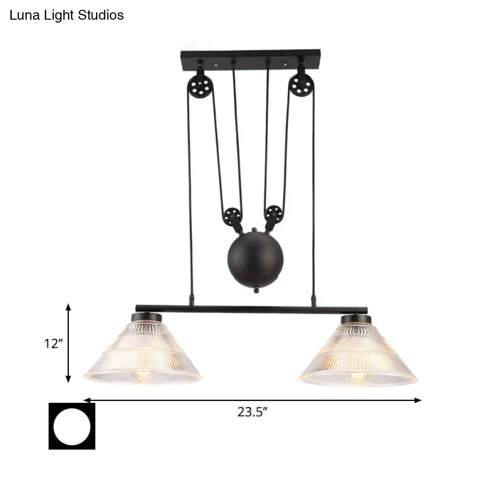 DecorBites™ Adjustable Pulley Industrial Cone Pendant with Prismatic Glass - Black, 2/3-Light Island Lamp