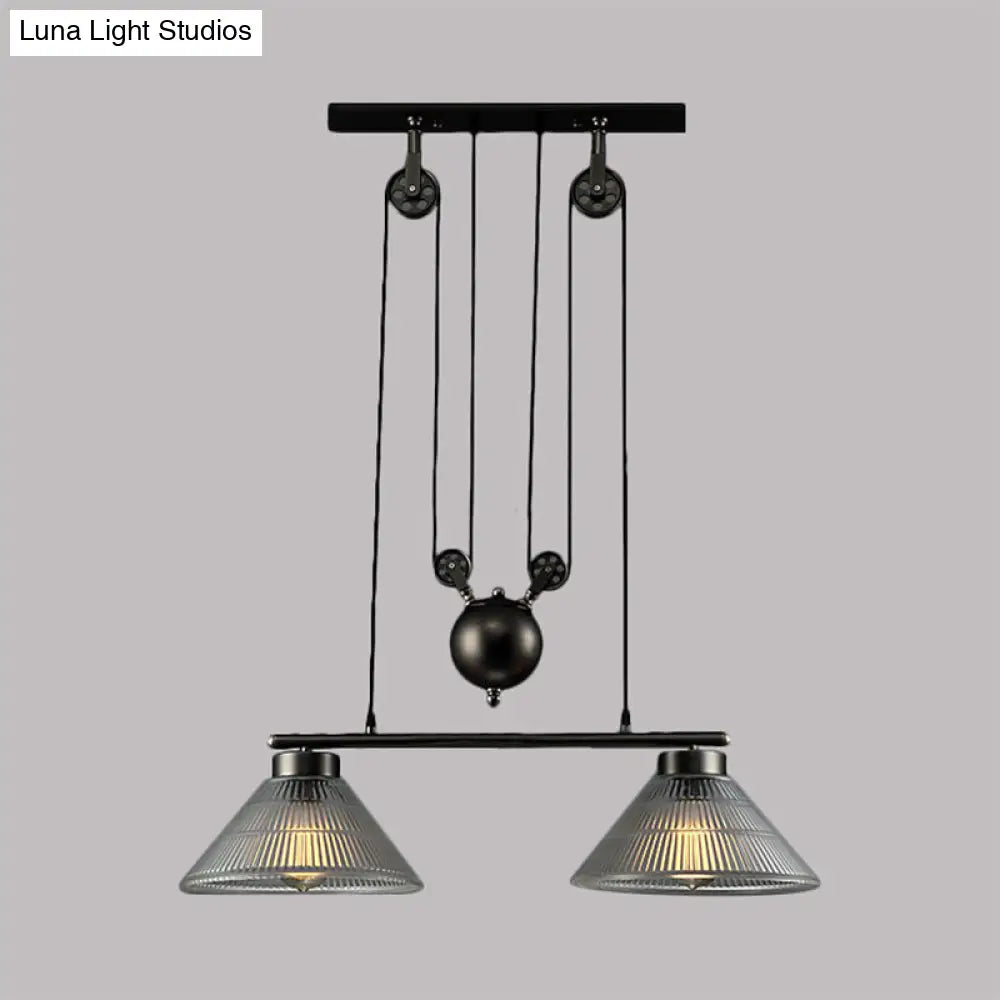 DecorBites™ Adjustable Pulley Industrial Cone Pendant with Prismatic Glass - Black, 2/3-Light Island Lamp