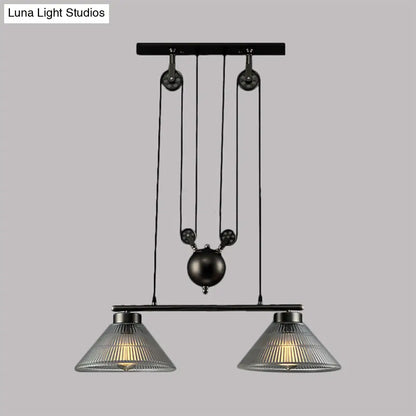 DecorBites™ Adjustable Pulley Industrial Cone Pendant with Prismatic Glass - Black, 2/3-Light Island Lamp