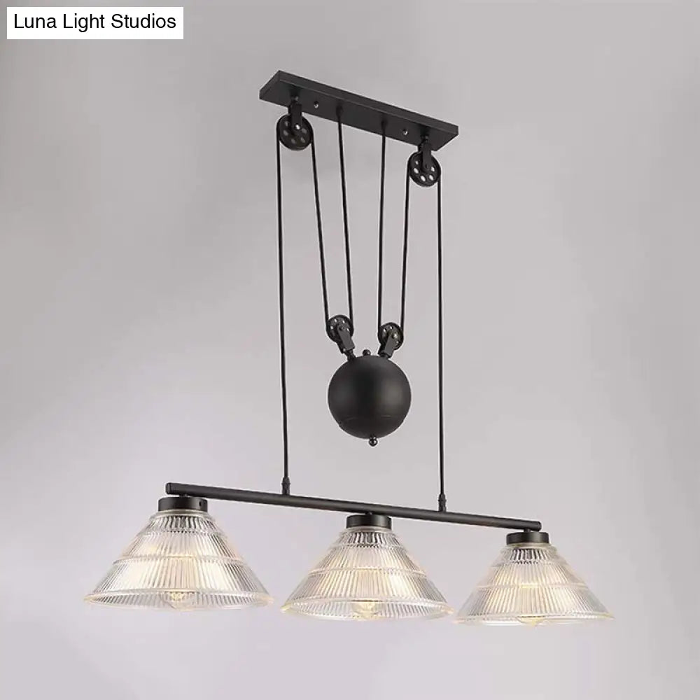 DecorBites™ Adjustable Pulley Industrial Cone Pendant with Prismatic Glass - Black, 2/3-Light Island Lamp