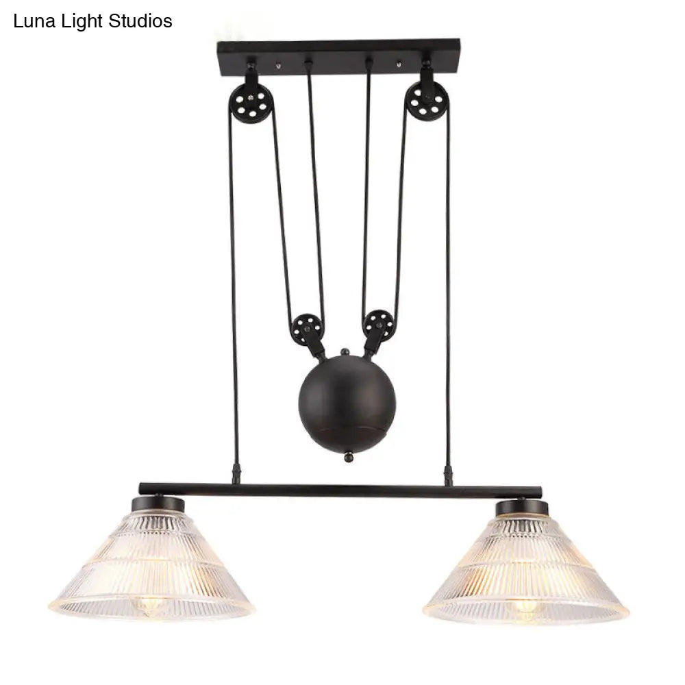 DecorBites™ Adjustable Pulley Industrial Cone Pendant with Prismatic Glass - Black, 2/3-Light Island Lamp