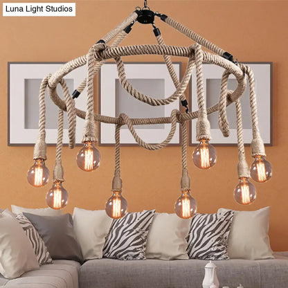 Lámpara colgante ajustable tipo araña de cuerda - Lámpara de techo de barra de luz múltiple estilo rústico en color beige