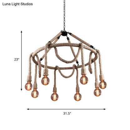 Lámpara colgante ajustable tipo araña de cuerda - Lámpara de techo de barra de luz múltiple estilo rústico en color beige