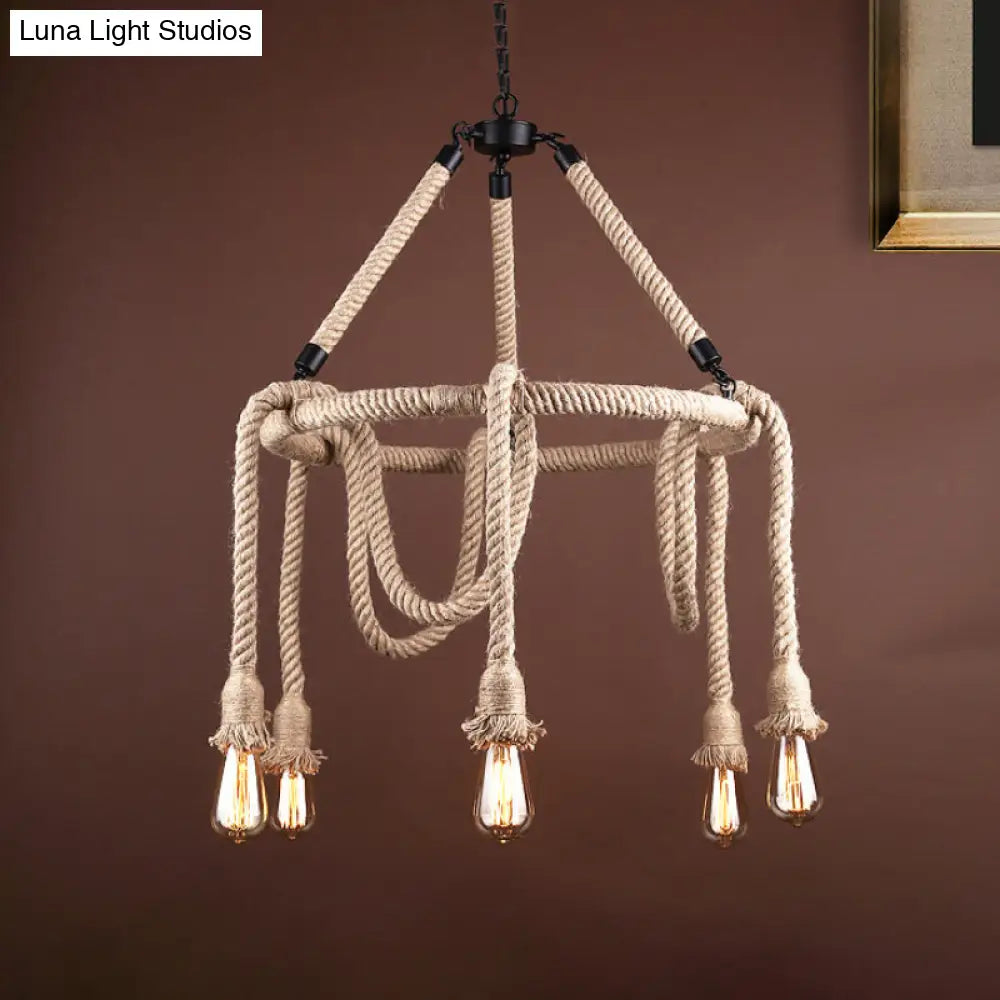 Lámpara colgante ajustable tipo araña de cuerda - Lámpara de techo de barra de luz múltiple estilo rústico en color beige