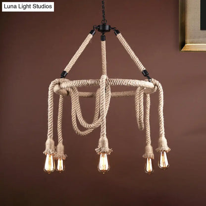 Lámpara colgante ajustable tipo araña de cuerda - Lámpara de techo de barra de luz múltiple estilo rústico en color beige