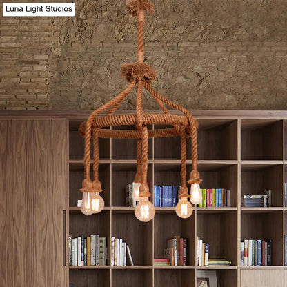 Lámpara colgante ajustable tipo araña de cuerda - Lámpara de techo de barra de luz múltiple estilo rústico en color beige