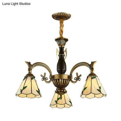 Lámpara de araña rústica ajustable con pantallas de cristal beige en forma de cono - Lámpara colgante de 3 luces para comedor