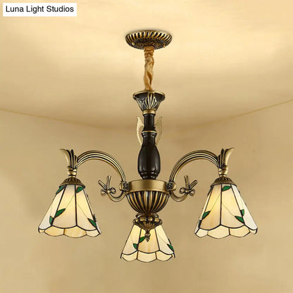 Lámpara de araña rústica ajustable con pantallas de cristal beige en forma de cono - Lámpara colgante de 3 luces para comedor