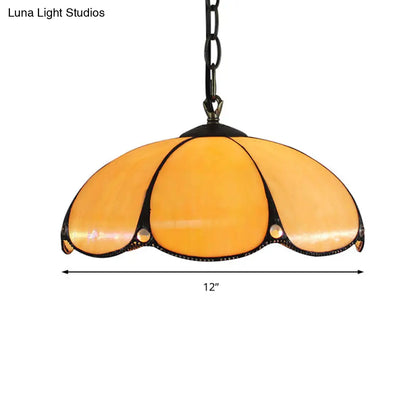 Adjustable Scalloped Tiffany Glass Pendant Light for Bedroom with Yellow Drop Head