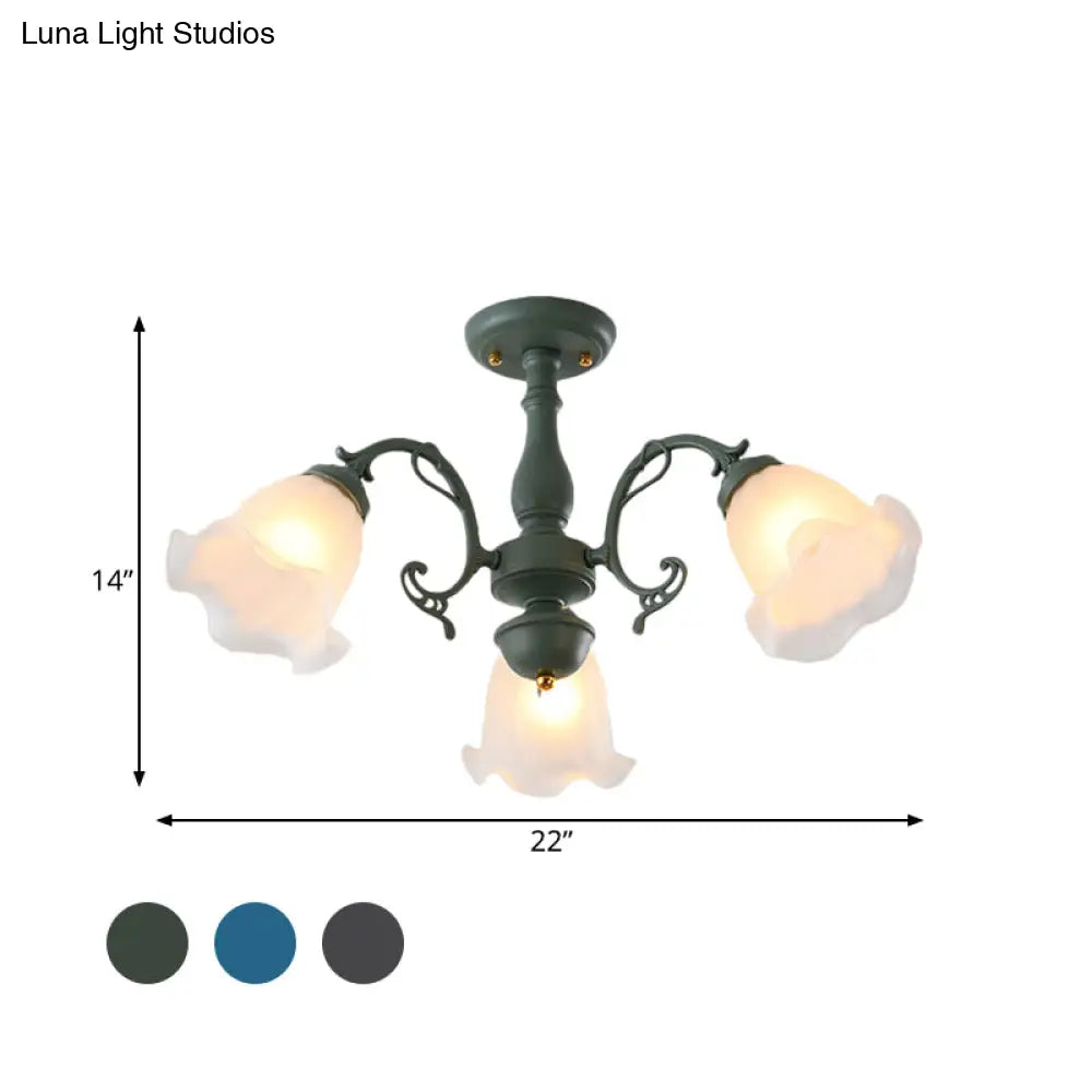 DecorBites™ DecorBites™ Adjustable Semi Flush American Flower Chandelier - 3/5 Bulbs, Ruffled Design, Grey/Blue/Green Matte Glass
