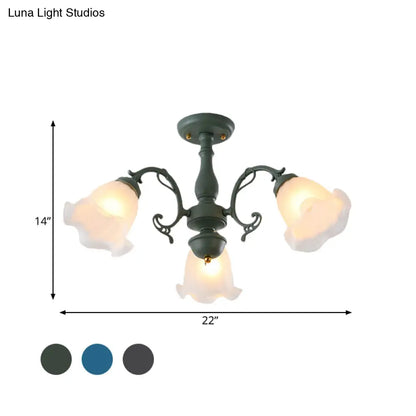 DecorBites™ DecorBites™ Adjustable Semi Flush American Flower Chandelier - 3/5 Bulbs, Ruffled Design, Grey/Blue/Green Matte Glass