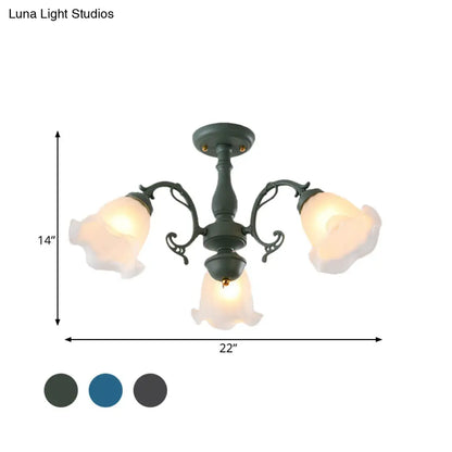 DecorBites™ DecorBites™ Adjustable Semi Flush American Flower Chandelier - 3/5 Bulbs, Ruffled Design, Grey/Blue/Green Matte Glass