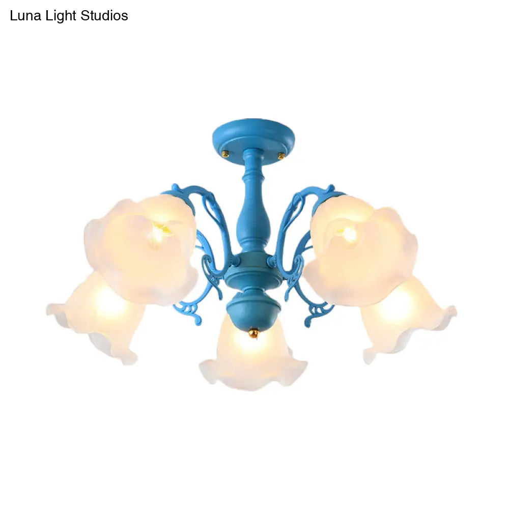 DecorBites™ DecorBites™ Adjustable Semi Flush American Flower Chandelier - 3/5 Bulbs, Ruffled Design, Grey/Blue/Green Matte Glass