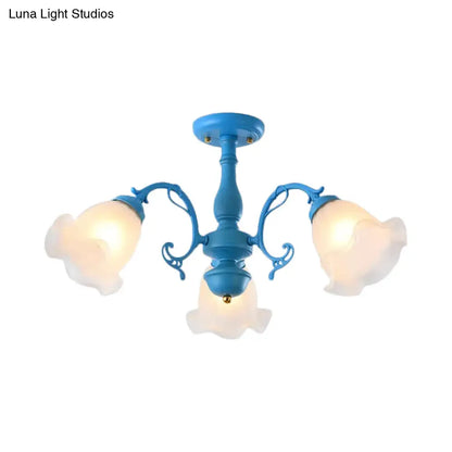 DecorBites™ DecorBites™ Adjustable Semi Flush American Flower Chandelier - 3/5 Bulbs, Ruffled Design, Grey/Blue/Green Matte Glass