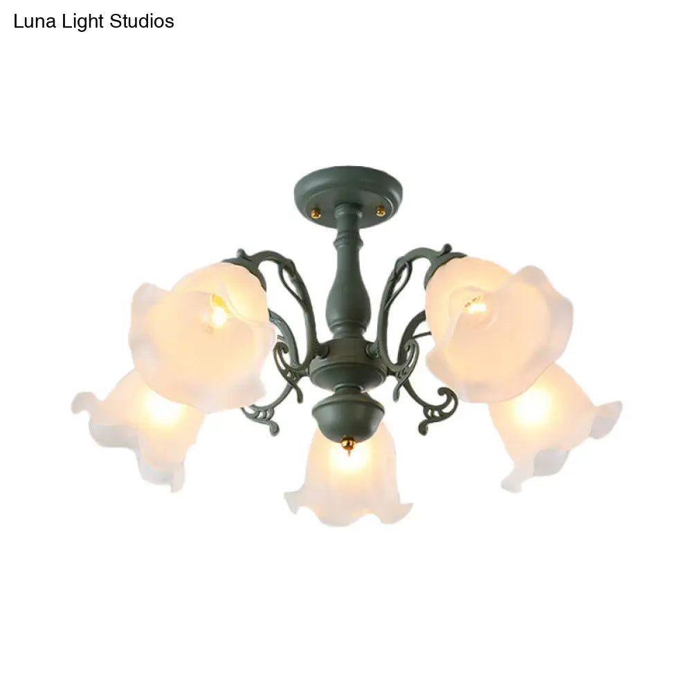 DecorBites™ DecorBites™ Adjustable Semi Flush American Flower Chandelier - 3/5 Bulbs, Ruffled Design, Grey/Blue/Green Matte Glass