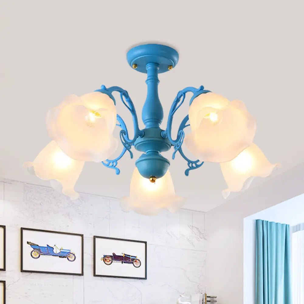DecorBites™ DecorBites™ Adjustable Semi Flush American Flower Chandelier - 3/5 Bulbs, Ruffled Design, Grey/Blue/Green Matte Glass
