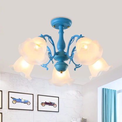 DecorBites™ DecorBites™ Adjustable Semi Flush American Flower Chandelier - 3/5 Bulbs, Ruffled Design, Grey/Blue/Green Matte Glass