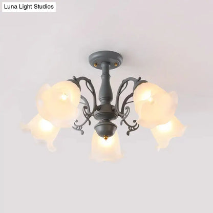 DecorBites™ DecorBites™ Adjustable Semi Flush American Flower Chandelier - 3/5 Bulbs, Ruffled Design, Grey/Blue/Green Matte Glass