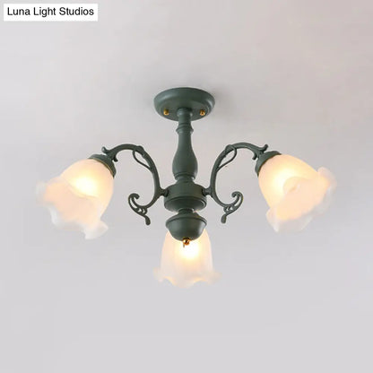 DecorBites™ DecorBites™ Adjustable Semi Flush American Flower Chandelier - 3/5 Bulbs, Ruffled Design, Grey/Blue/Green Matte Glass