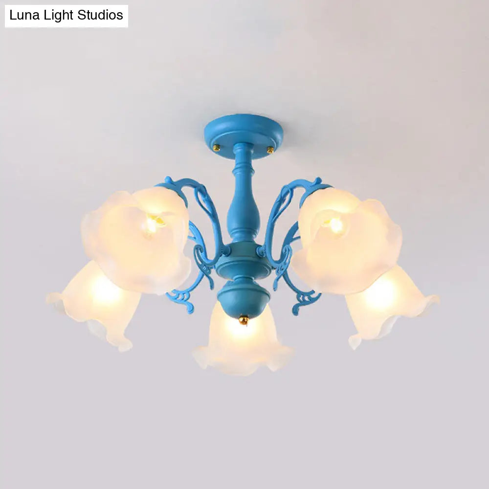 DecorBites™ DecorBites™ Adjustable Semi Flush American Flower Chandelier - 3/5 Bulbs, Ruffled Design, Grey/Blue/Green Matte Glass