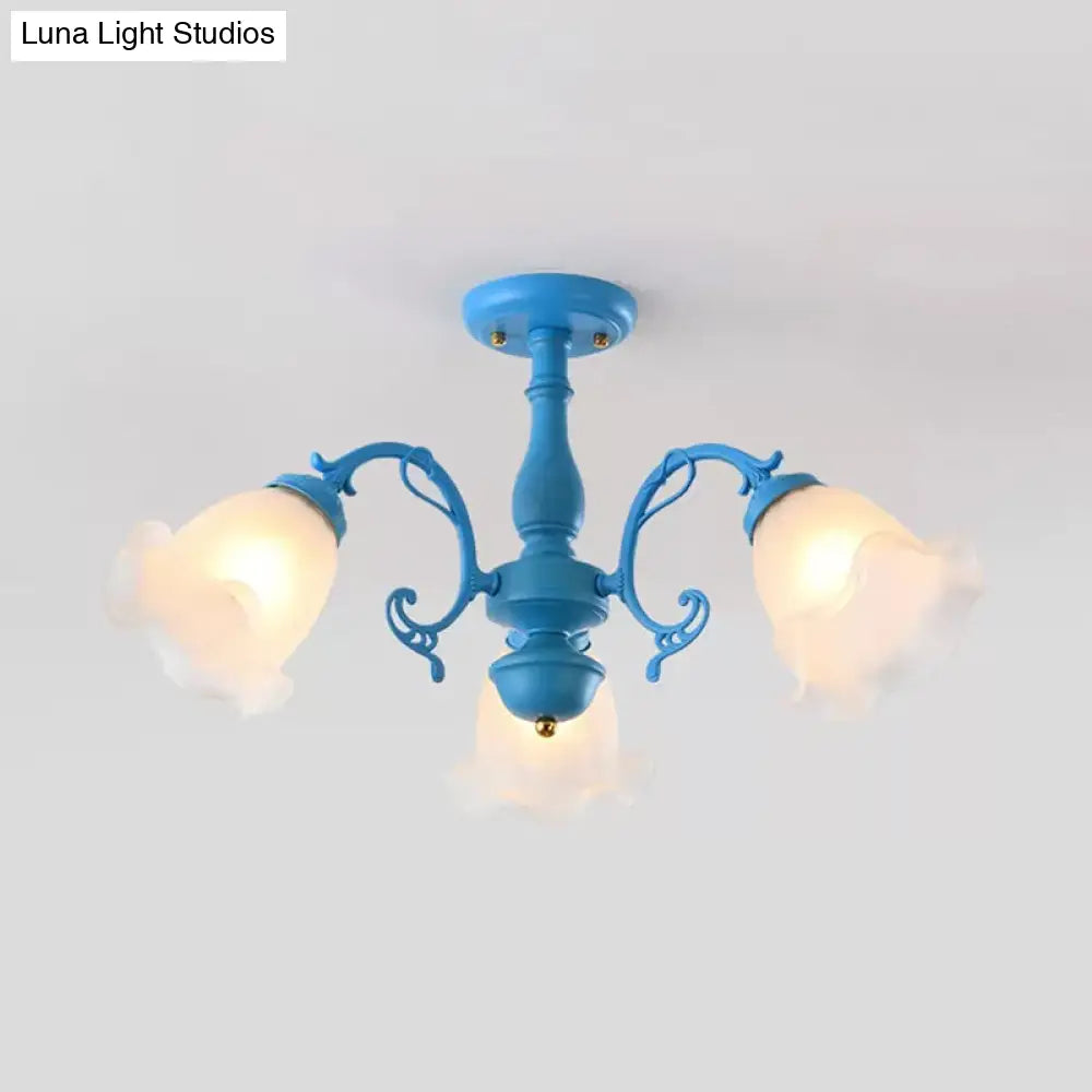 DecorBites™ DecorBites™ Adjustable Semi Flush American Flower Chandelier - 3/5 Bulbs, Ruffled Design, Grey/Blue/Green Matte Glass