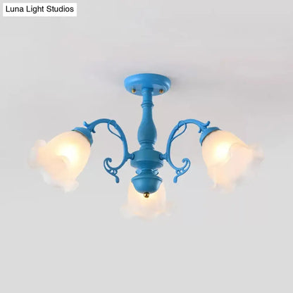 DecorBites™ DecorBites™ Adjustable Semi Flush American Flower Chandelier - 3/5 Bulbs, Ruffled Design, Grey/Blue/Green Matte Glass