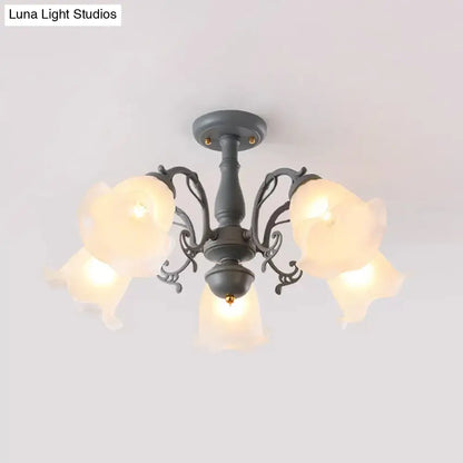 DecorBites™ DecorBites™ Adjustable Semi Flush American Flower Chandelier - 3/5 Bulbs, Ruffled Design, Grey/Blue/Green Matte Glass