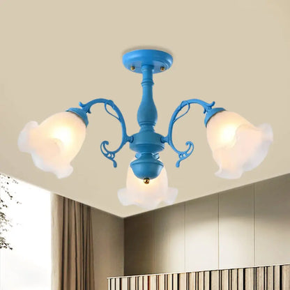 DecorBites™ DecorBites™ Adjustable Semi Flush American Flower Chandelier - 3/5 Bulbs, Ruffled Design, Grey/Blue/Green Matte Glass